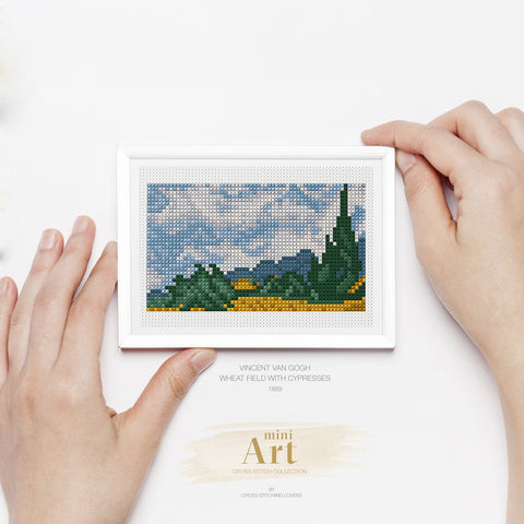 Wheat Field with Cypresses by Vincent van Gogh - Mini Cross stitch ART