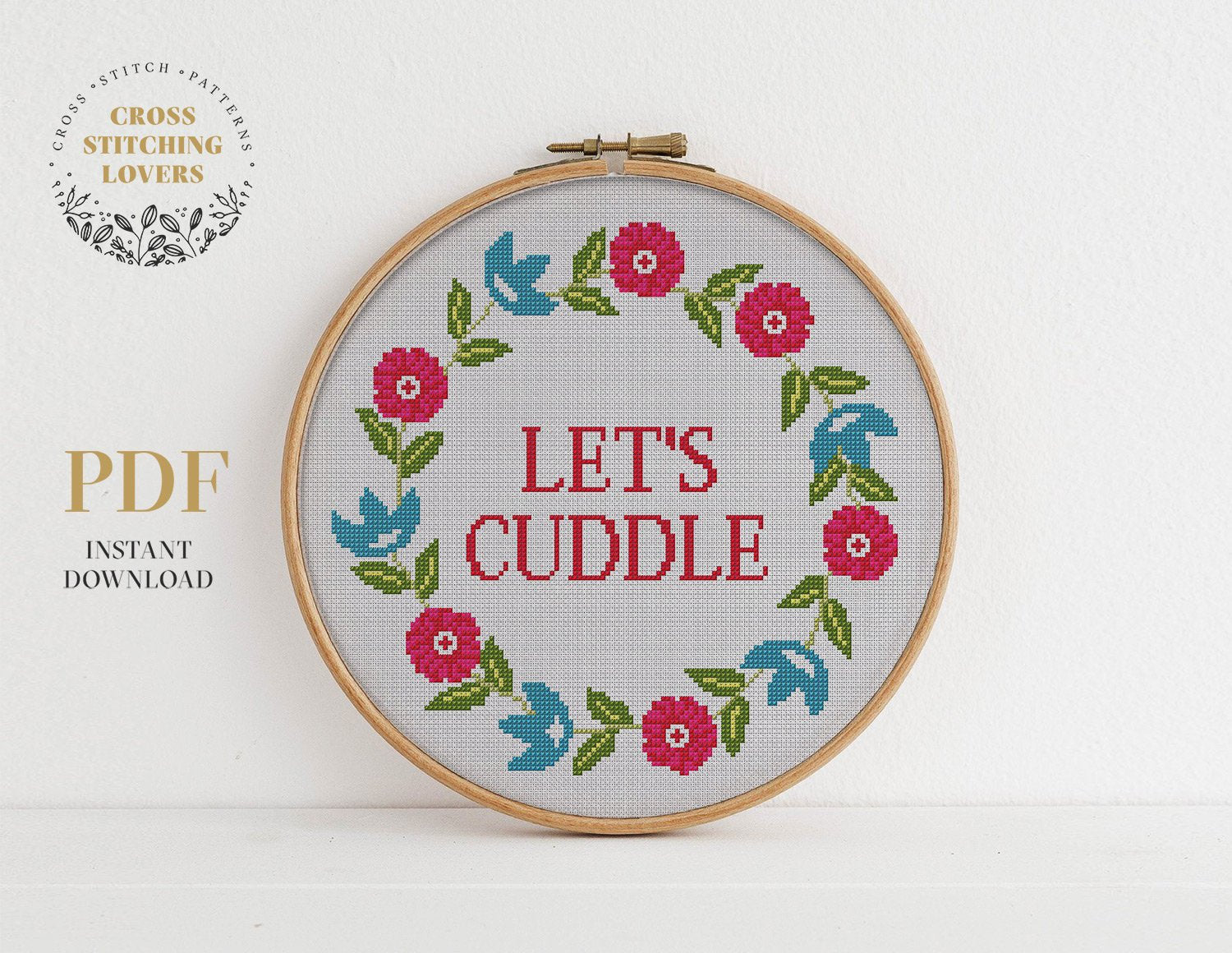 Flower wreath "Let's cuddle" - Cross stitch pattern