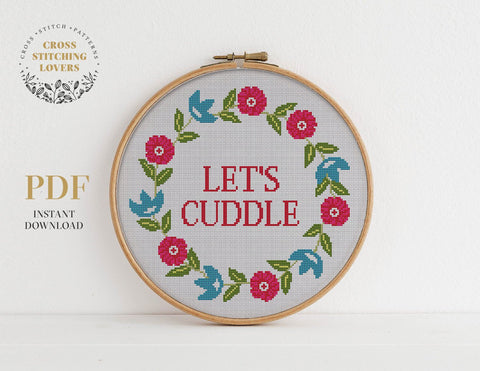 Flower wreath "Let's cuddle" - Cross stitch pattern