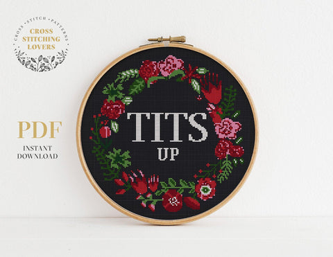 Tits up cross stitch pattern, funny embroidery design, instant download PDF chart