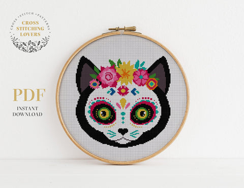 Cat with flowers - Funny Cross stitch pattern