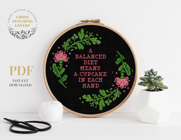 A BALANCED DIET MEANS A CUPCAKE IN EACH HAND - Cross stitch pattern